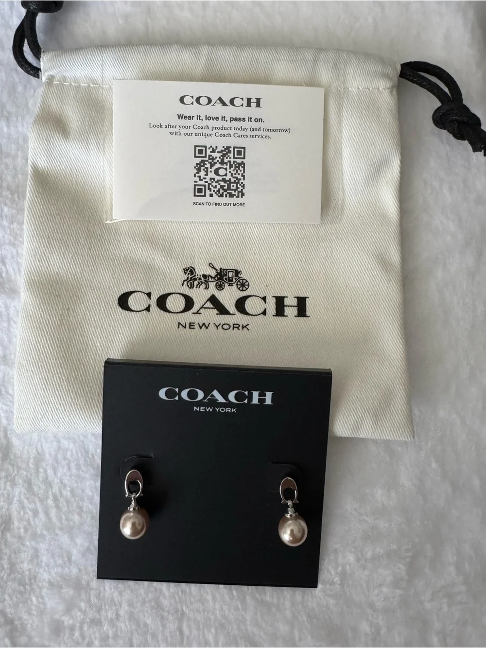 COACH Pearl Drop Earrings in Champagne Pink and Silver - Picture 2 of 3